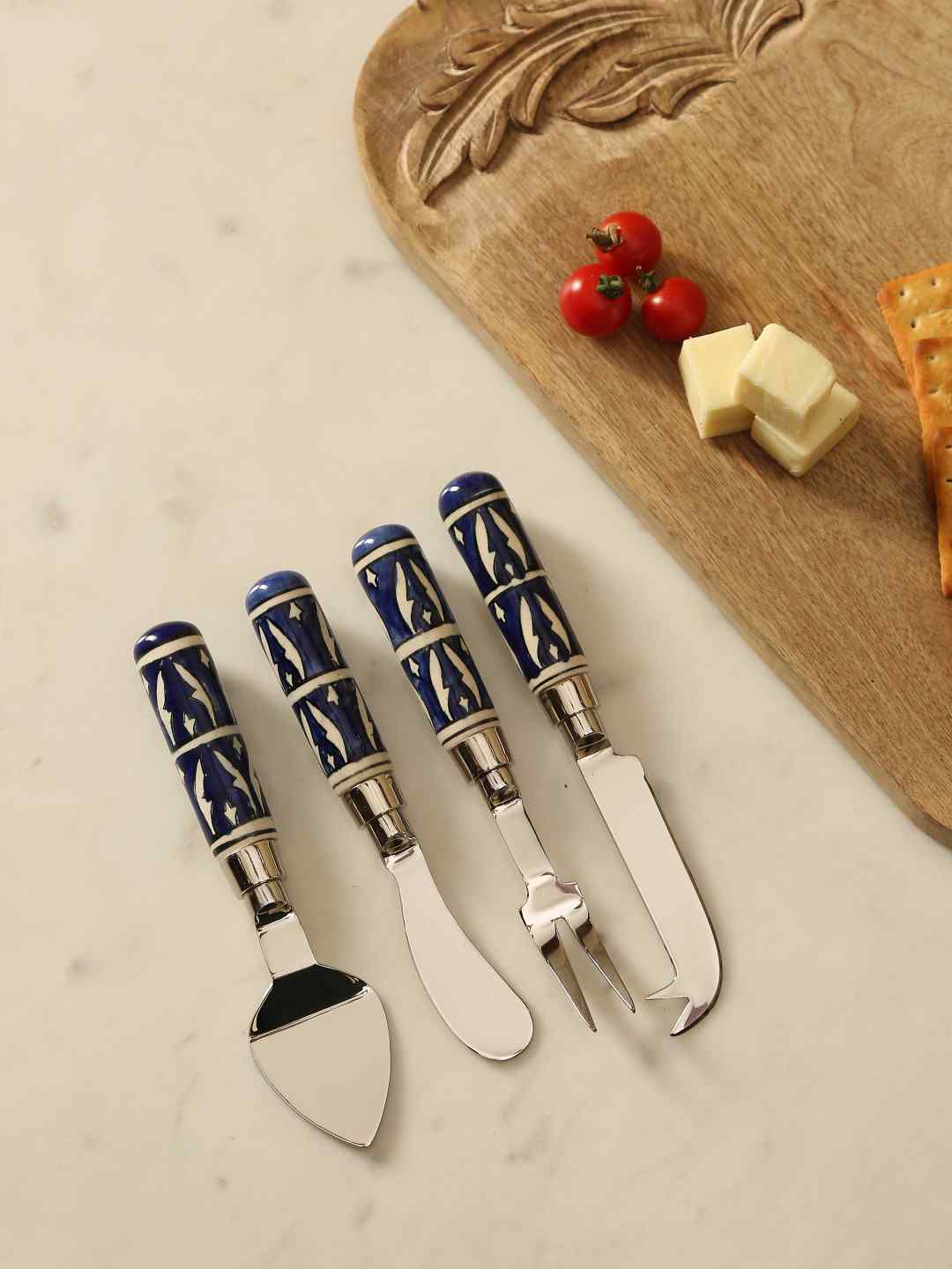 Amoliconcepts Set Of 4 Silver-Toned & Blue Hand Painted Cheese Knives Set Price in India