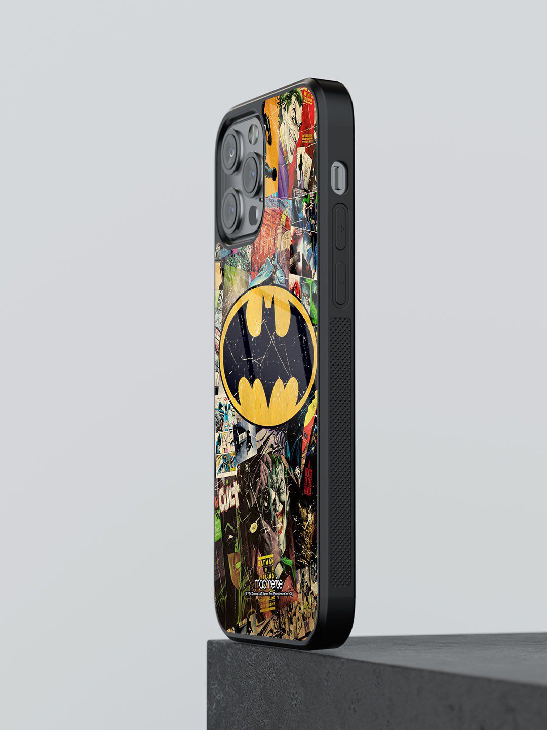 macmerise Black & Yellow Printed Comic Bat Glass iPhone 13 Pro Back Case Price in India