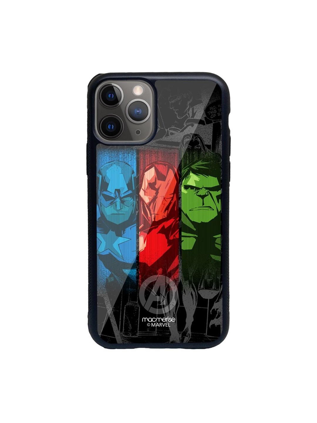 macmerise Black Printed Avengers Sketch Glass iPhone 11 Pro Max Back Case Price in India