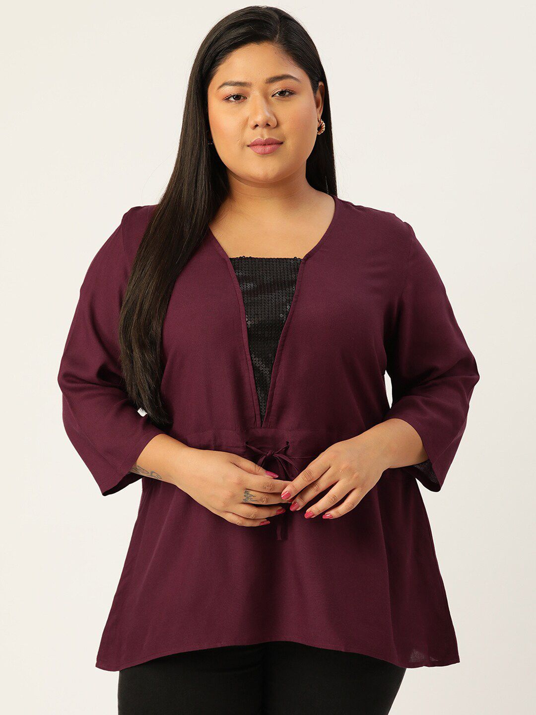 theRebelinme Plus Size Women Burgundy & Black Sequinned Top Price in India