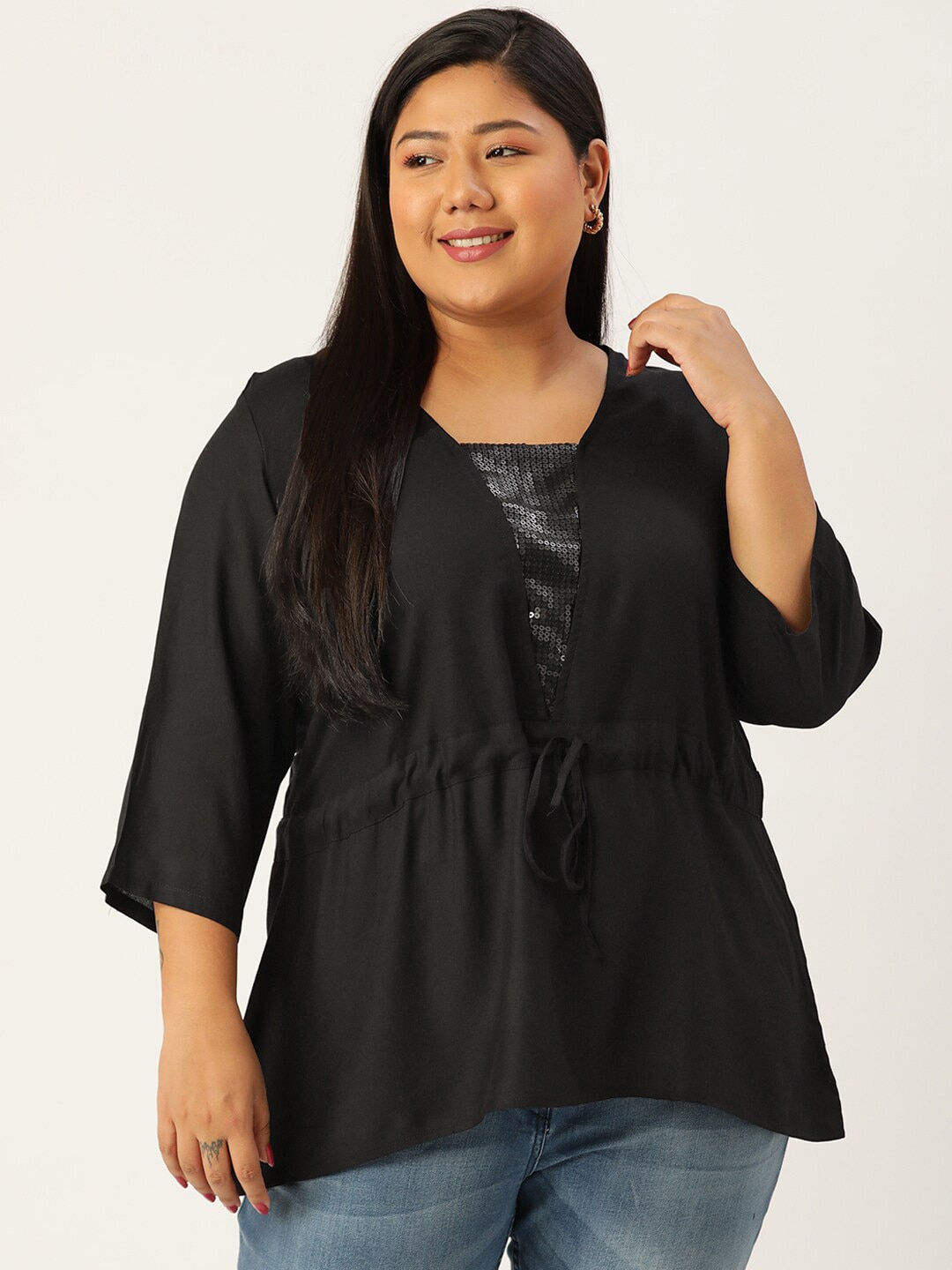 theRebelinme Plus Size Black Cinched Waist Top Price in India