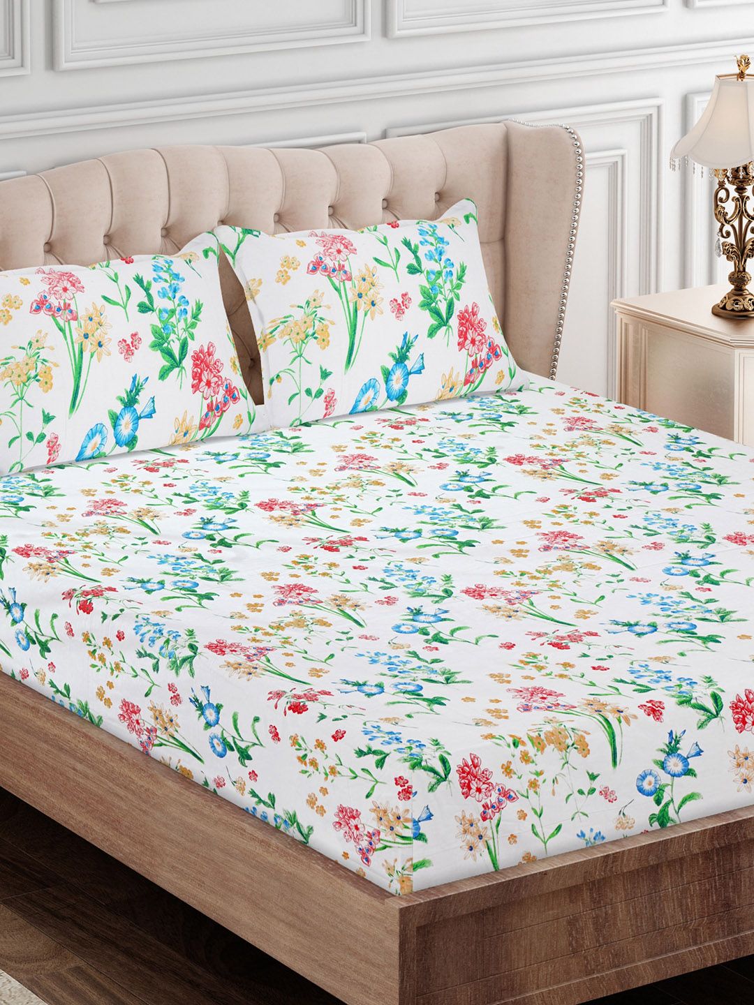 SEJ by Nisha Gupta Blue & Green Floral 180 TC King Bedsheet with 2 Pillow Covers Price in India