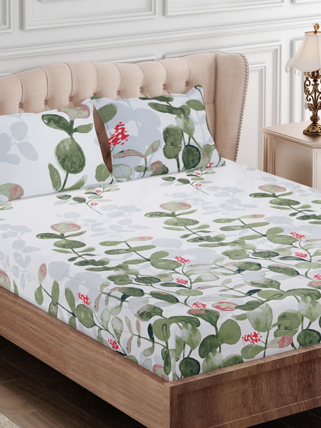 SEJ by Nisha Gupta Green & White Floral 210 TC King Bedsheet with 2 Pillow Covers Price in India
