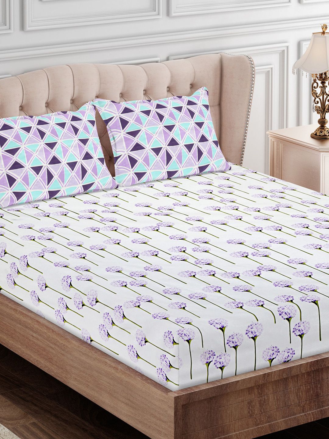 SEJ by Nisha Gupta Purple & Blue Floral 180 TC King Bedsheet with 2 Pillow Covers Price in India