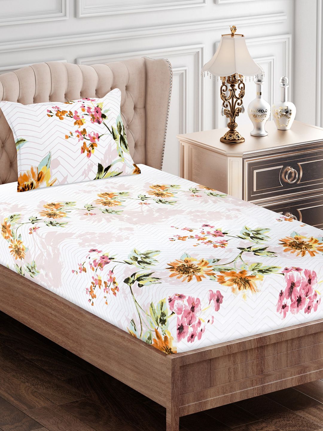 SEJ by Nisha Gupta Brown & Pink Floral 180 TC Single Bedsheet with 1 Pillow Cover Price in India