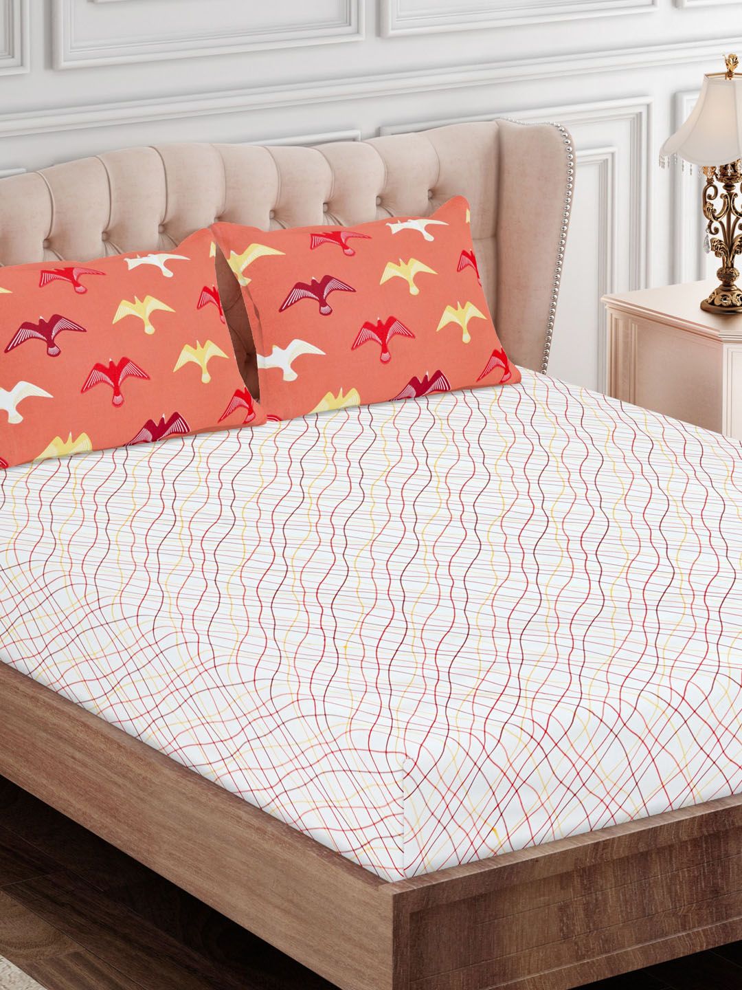 SEJ by Nisha Gupta Red & Yellow Geometric 180 TC King Bedsheet with 2 Pillow Covers Price in India