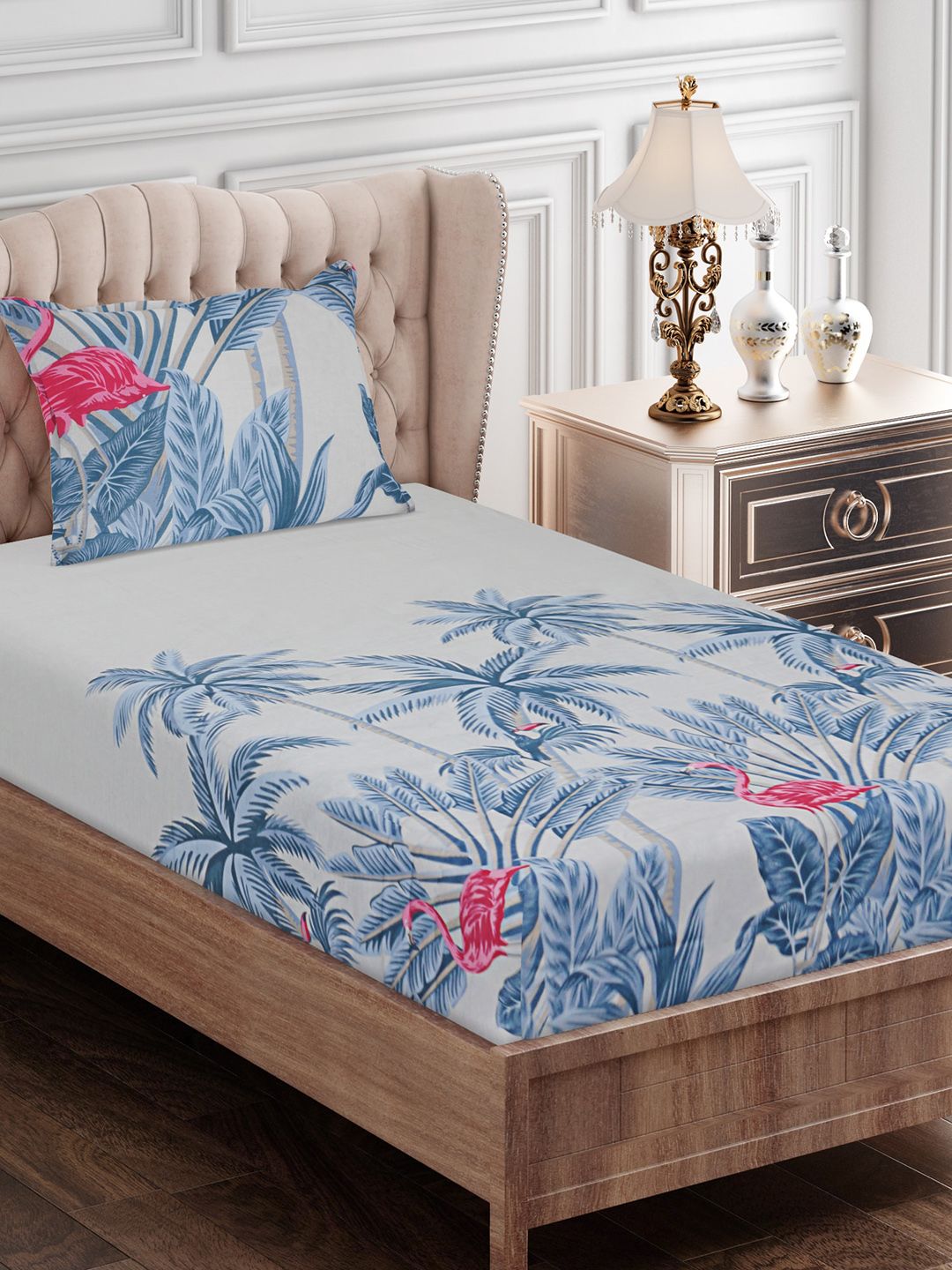 SEJ by Nisha Gupta Blue & Grey Floral 180 TC Single Bedsheet with 1 Pillow Covers Price in India