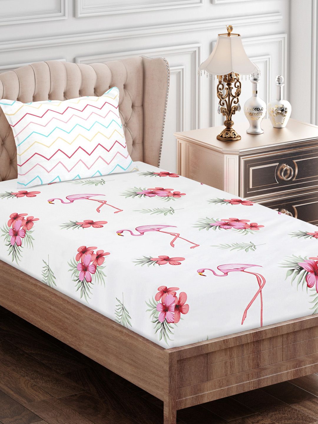 SEJ by Nisha Gupta Pink & Off White Floral 180 TC Single Bedsheet with 1 Pillow Covers Price in India