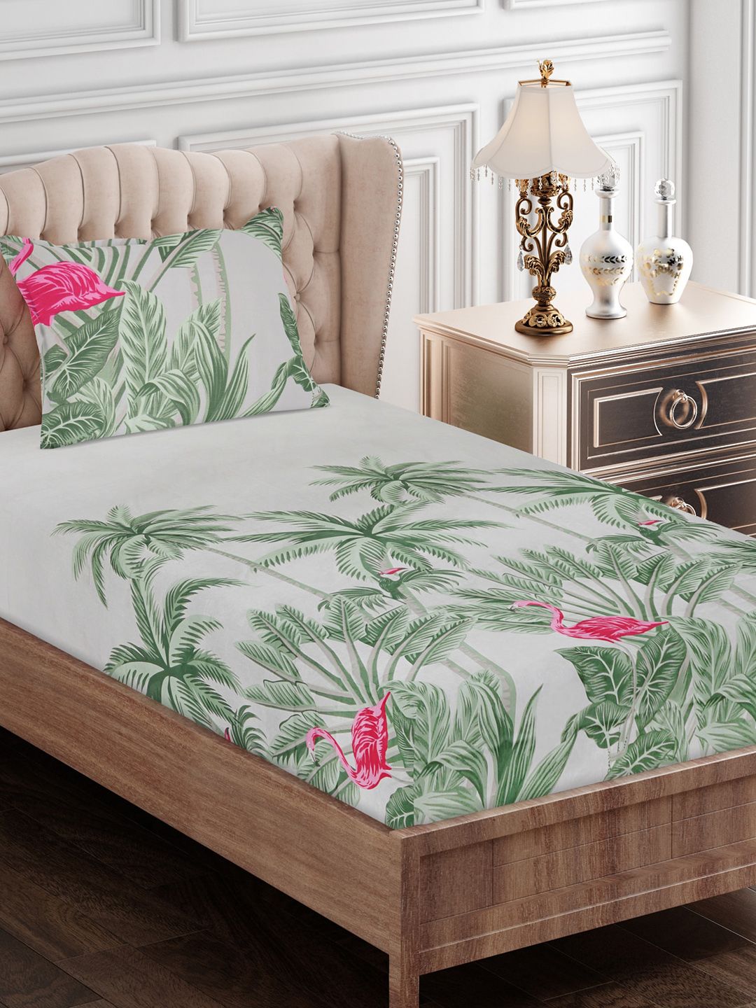 SEJ by Nisha Gupta Green & Pink Floral 180 TC Single Bedsheet with 1 Pillow Cover Price in India