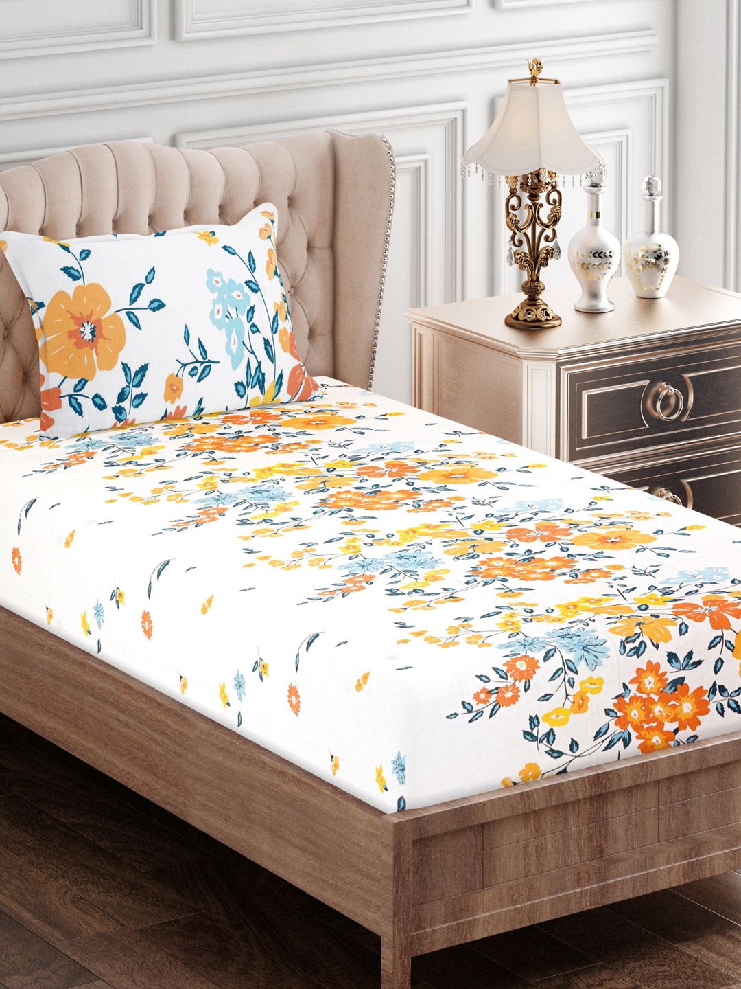 SEJ by Nisha Gupta Brown & Yellow Floral 180 TC Single Bedsheet with 1 Pillow Cover Price in India