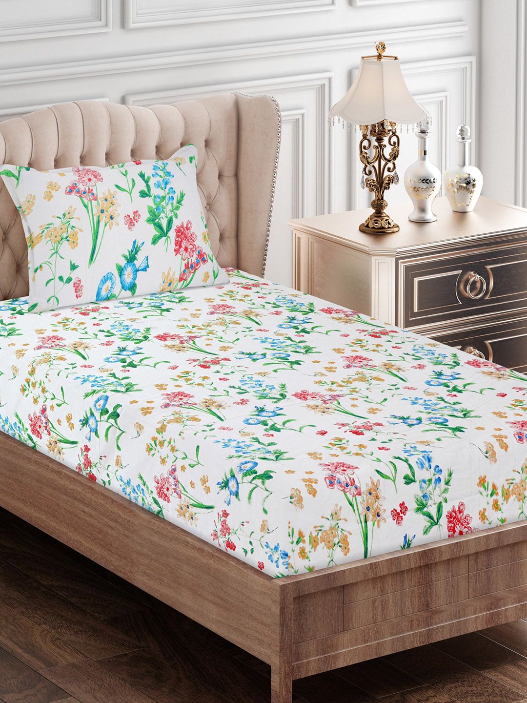 SEJ by Nisha Gupta Blue & Green Floral 180 TC Single Bedsheet with 1 Pillow Covers Price in India
