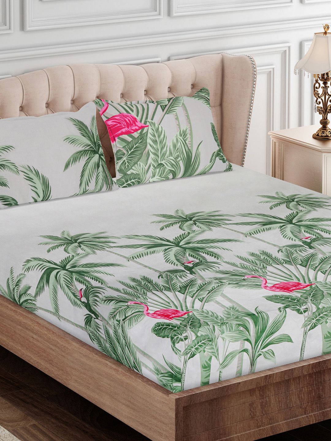 SEJ by Nisha Gupta Green & Pink Conversational 180 TC King Bedsheet with 2 Pillow Covers Price in India