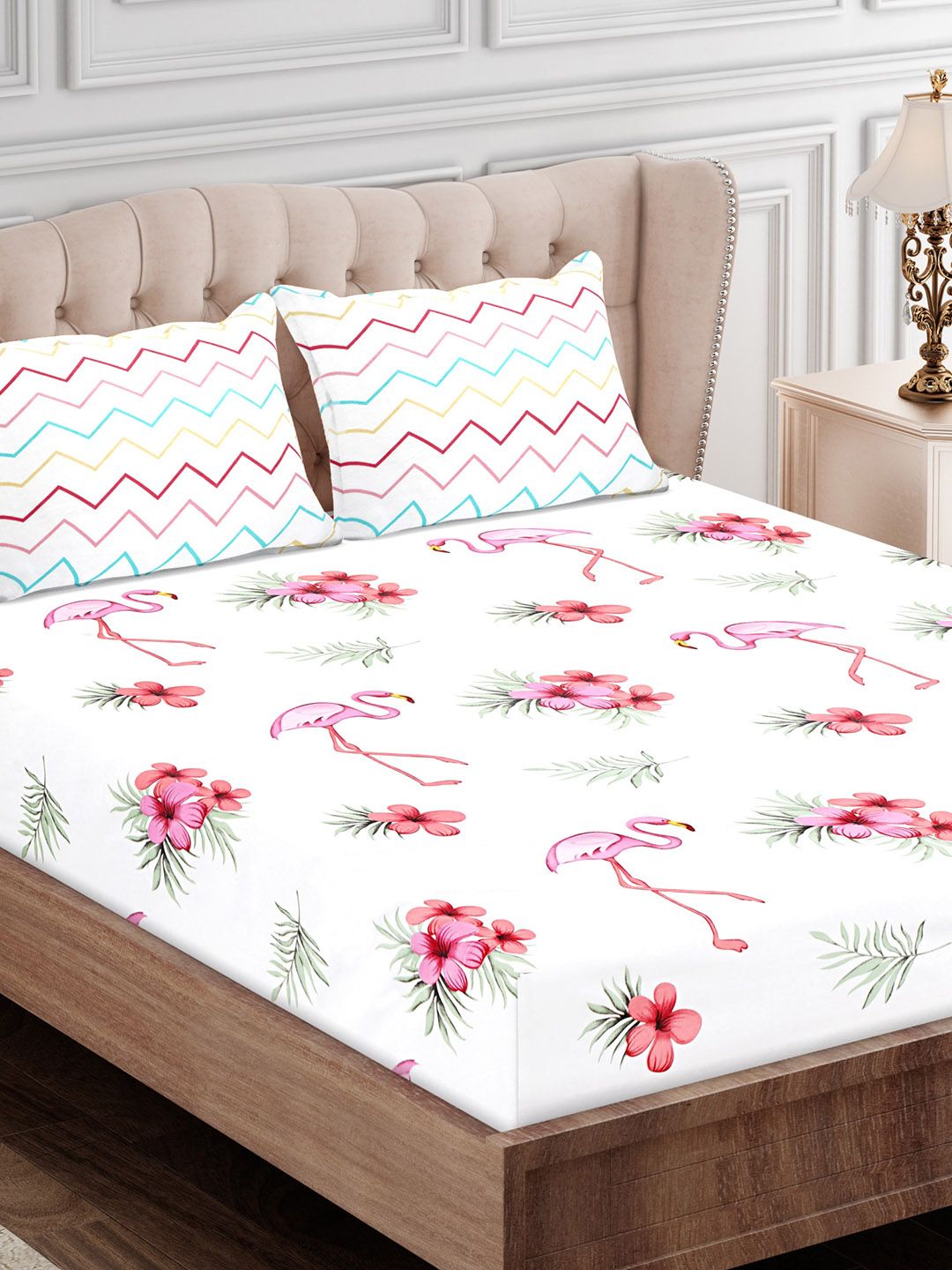 SEJ by Nisha Gupta Pink & Off White Floral 180 TC King Bedsheet with 2 Pillow Covers Price in India
