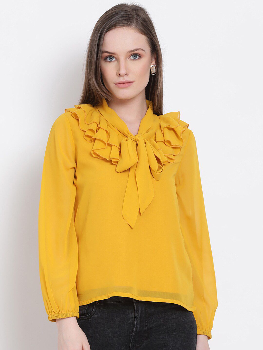 DRAAX Fashions Yellow Tie-Up Neck Ruffles Georgette Top Price in India