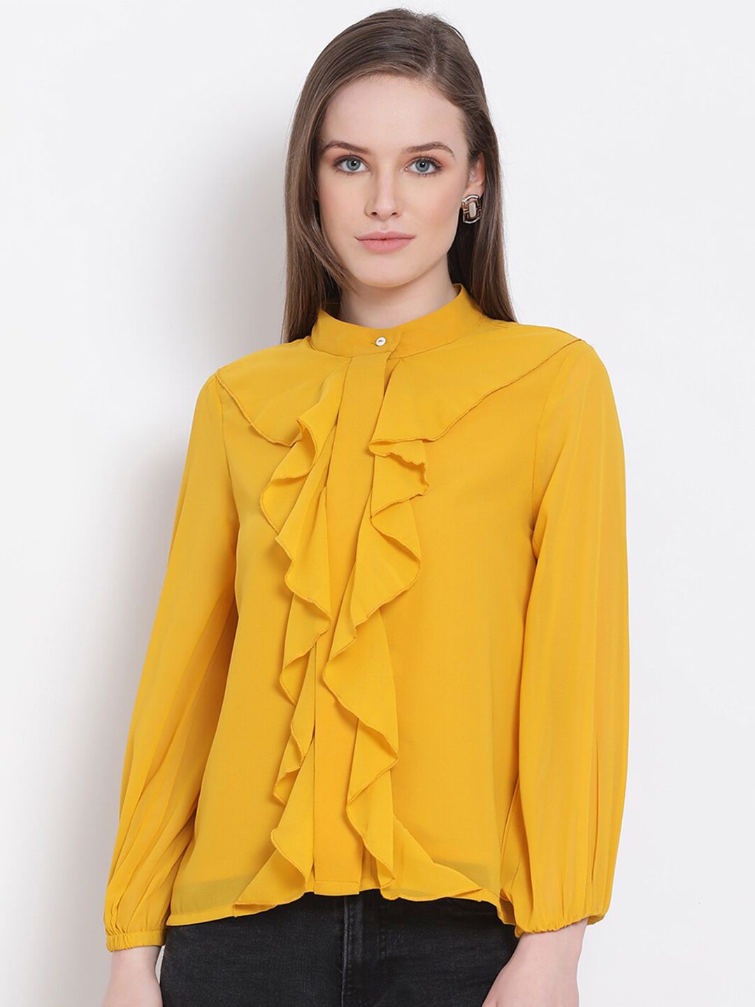 DRAAX Fashions Women Yellow Mandarin Collar Ruffles Georgette Shirt Style Top Price in India