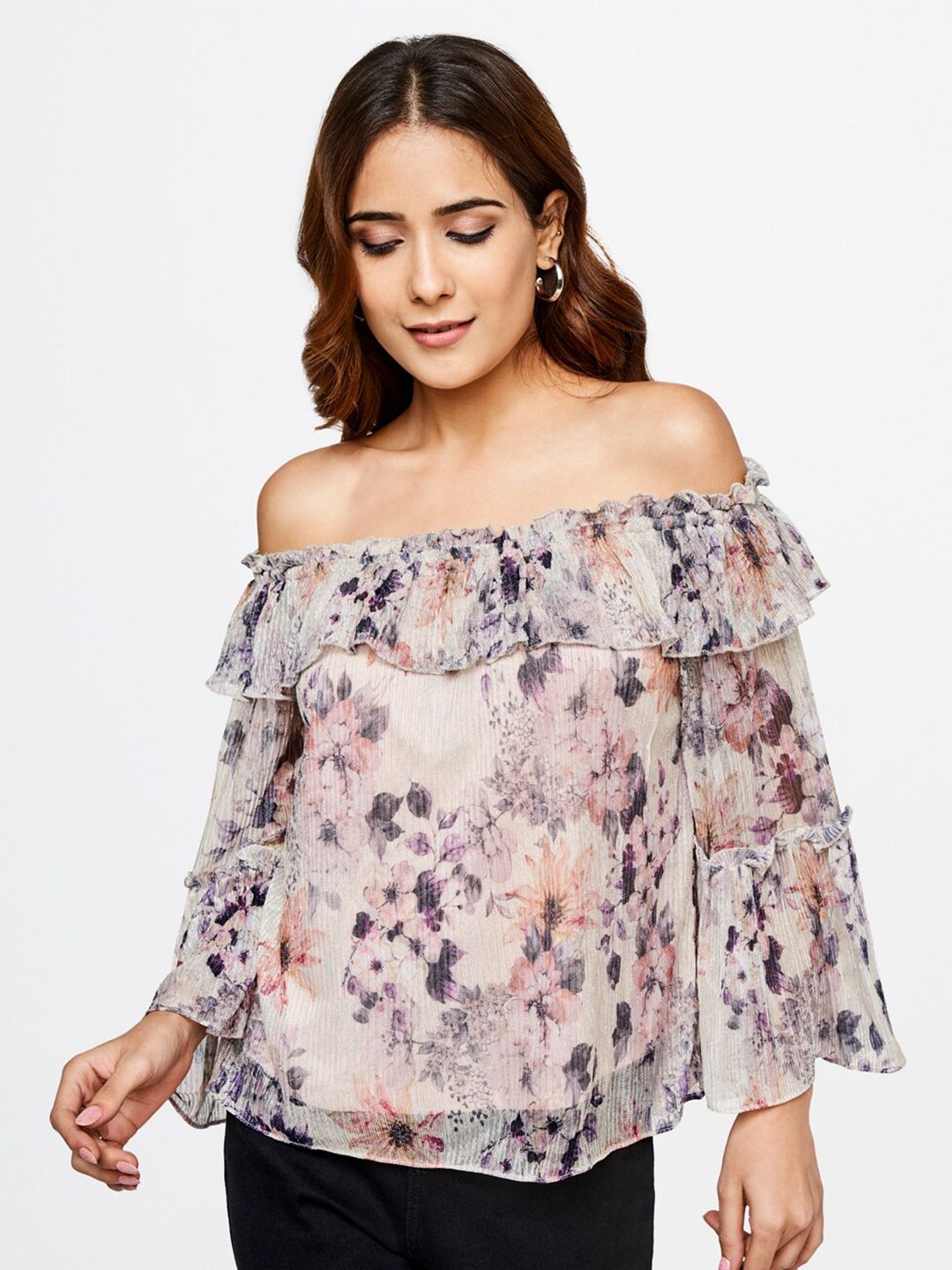 AND Women Beige Floral Print Off-Shoulder Polyester Ruffles Top Price in India