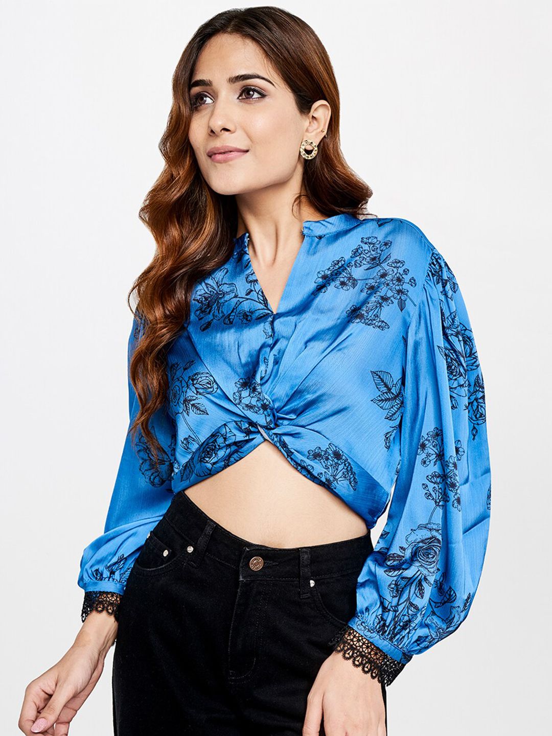 AND Blue Floral Print Mandarin Collar Twisted Shirt Style Crop Top Price in India