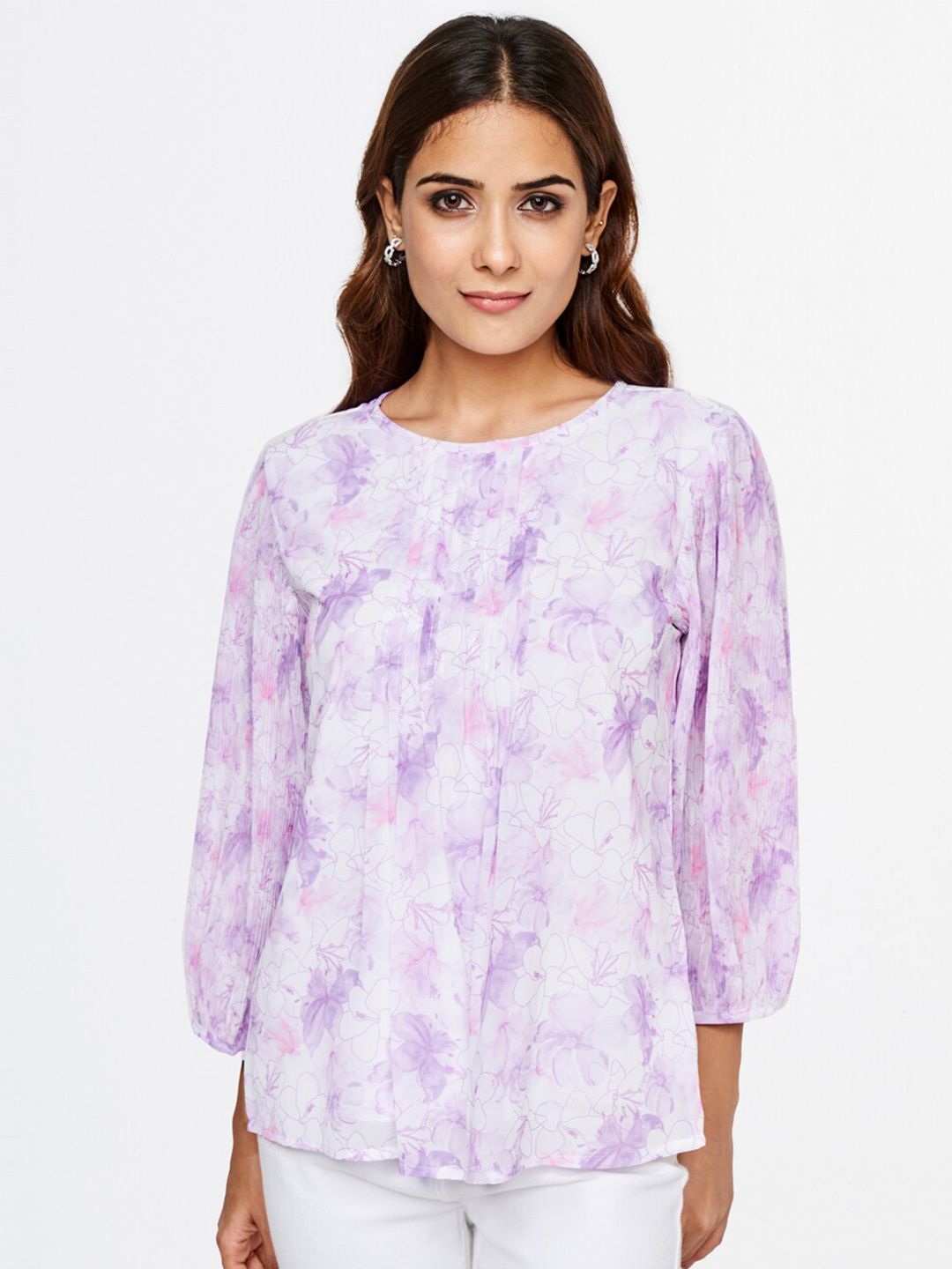 AND Purple & White Floral Print Top Price in India