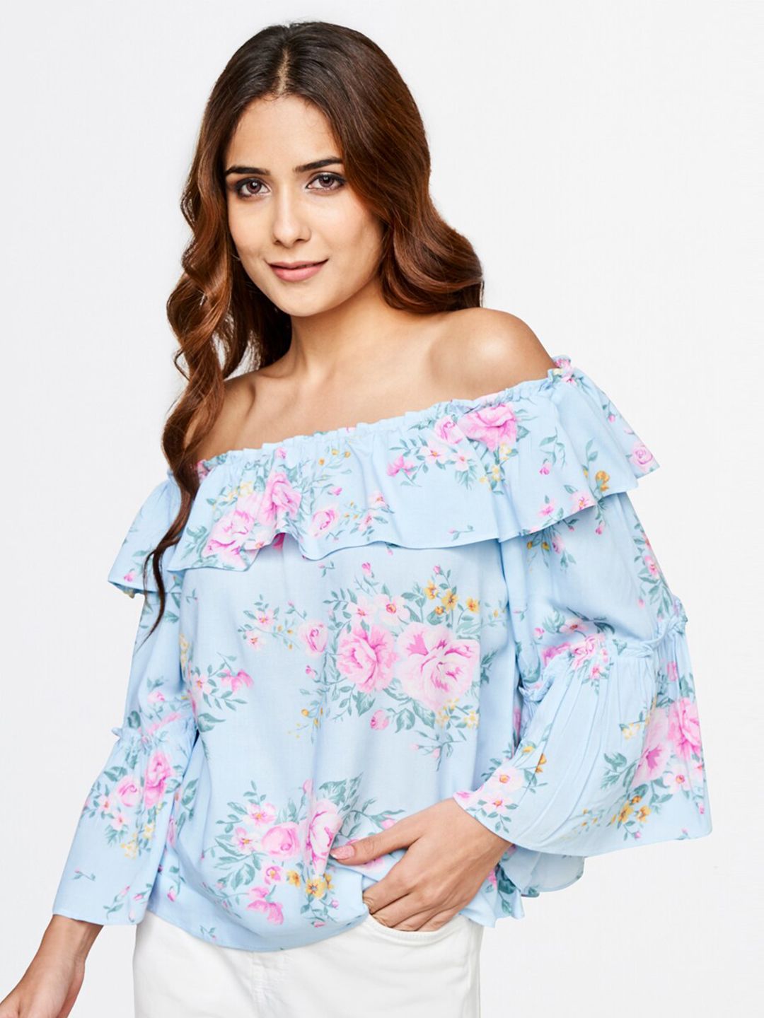 AND Blue Floral Print Off-Shoulder Bardot Top Price in India