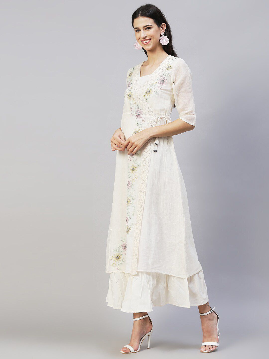 FASHOR Off White Floral Ethnic Embroidered  Maxi Dress Price in India