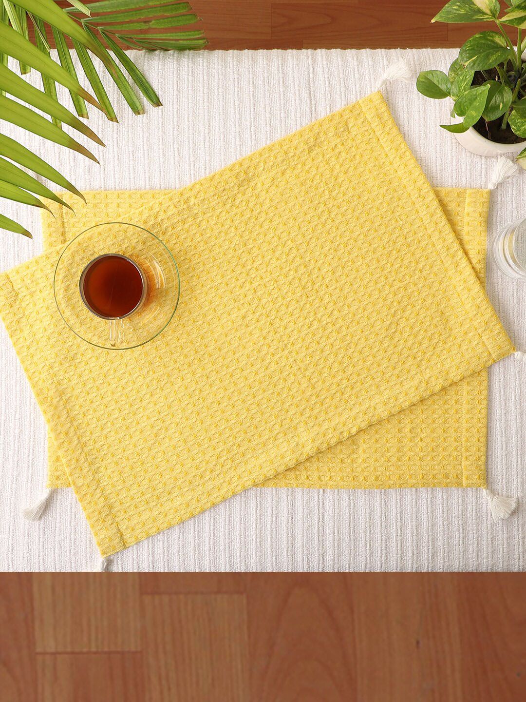 Jamio Firati Set Of 2 Yellow Textured Pure-Cotton Table Placemats Price in India
