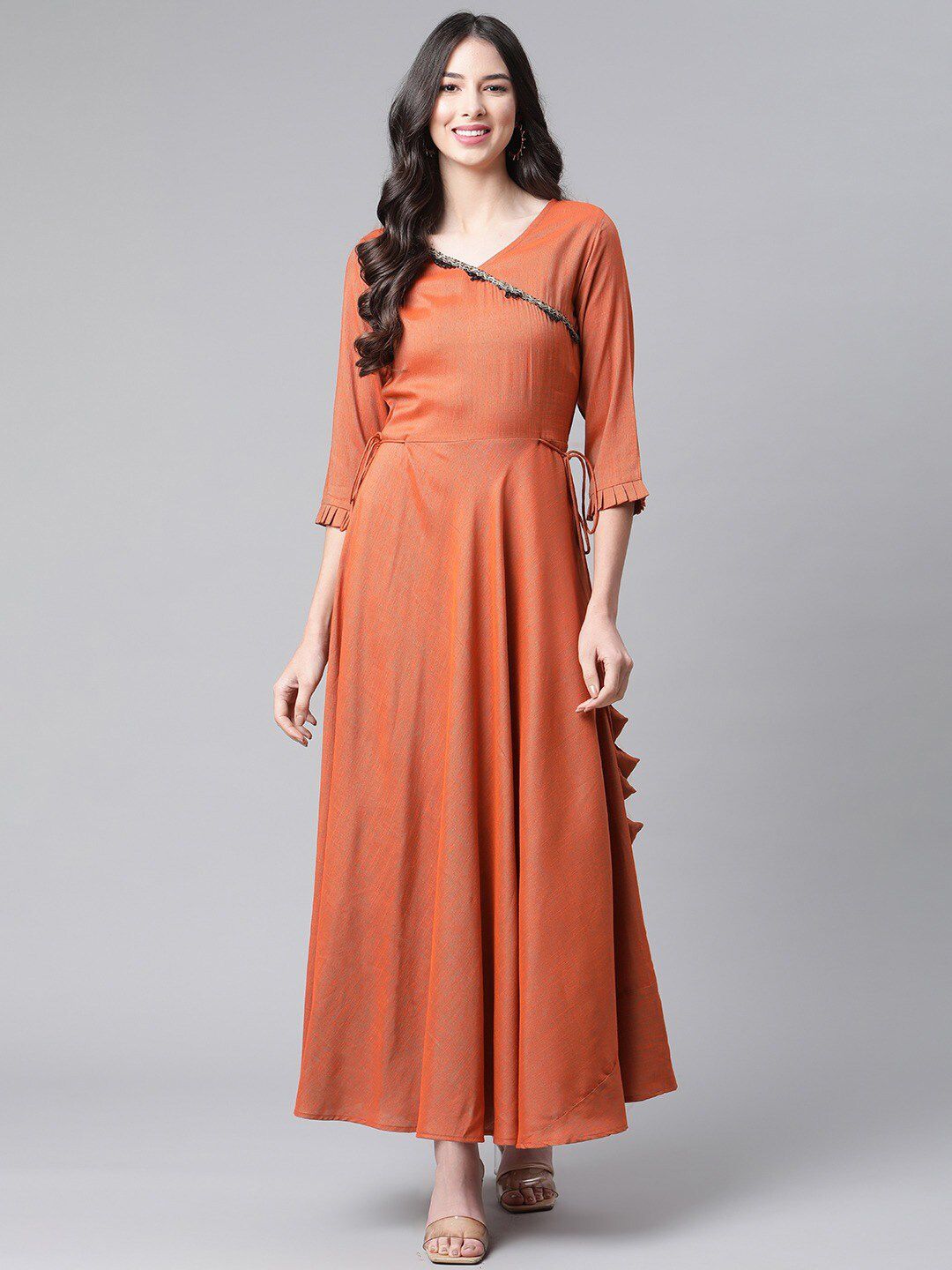Cottinfab Women Orange Solid Lace Detail Angrakha Ethnic Maxi Dress Price in India
