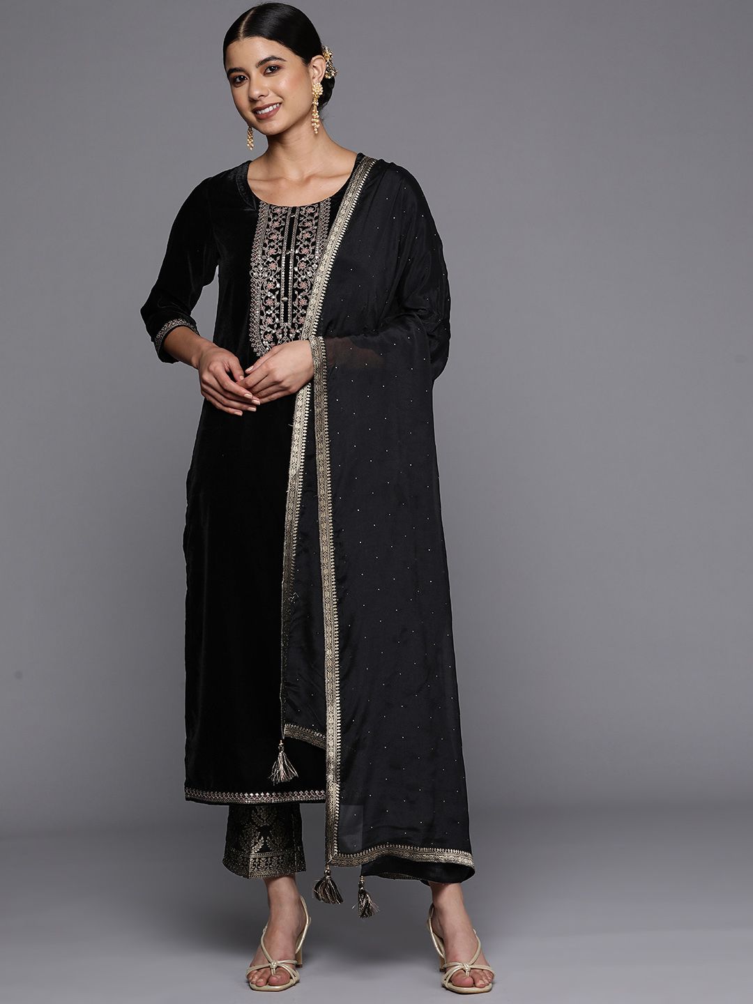 Libas Women Black Floral Motifs Embroidered Velvet Kurta with Trousers & Dupatta Price in India