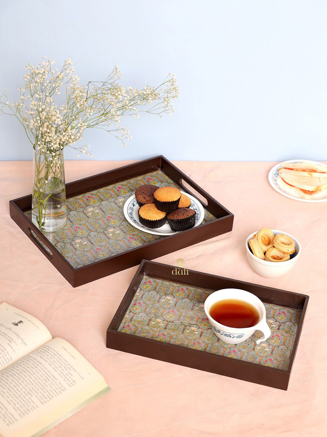 DULI Pack Of 2 Silver-Toned Printed Enamel Coated Wooden Serving Trays Price in India