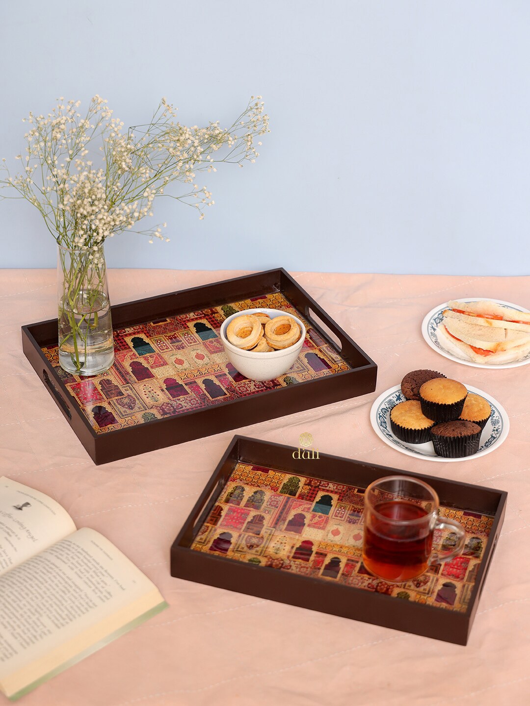 DULI Set Of 2 Brown Deco Painted Multipurpose Serving Trays Price in India