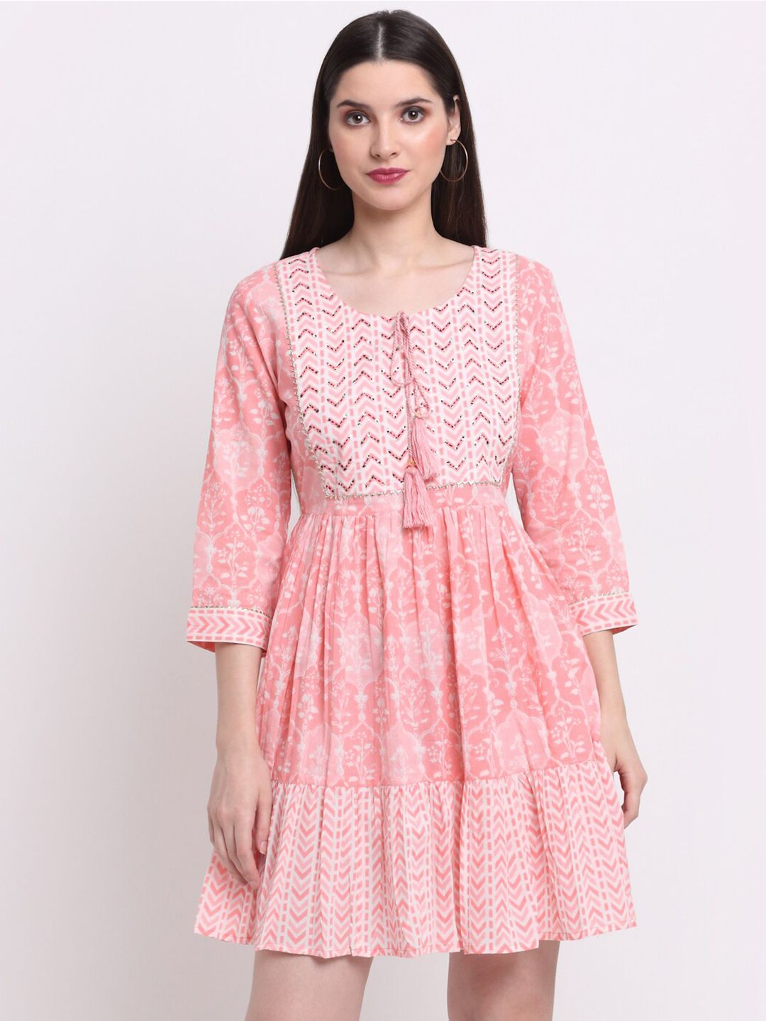 KALINI Peach-Coloured & White Ethnic Motifs Ethnic Dress Price in India