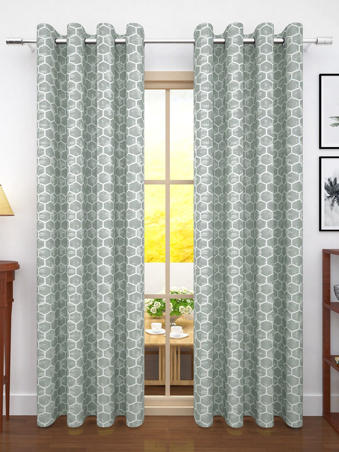 Story@home Grey Set of 2 Geometric Print Room Darkening Door Curtain 7 Feet Price in India