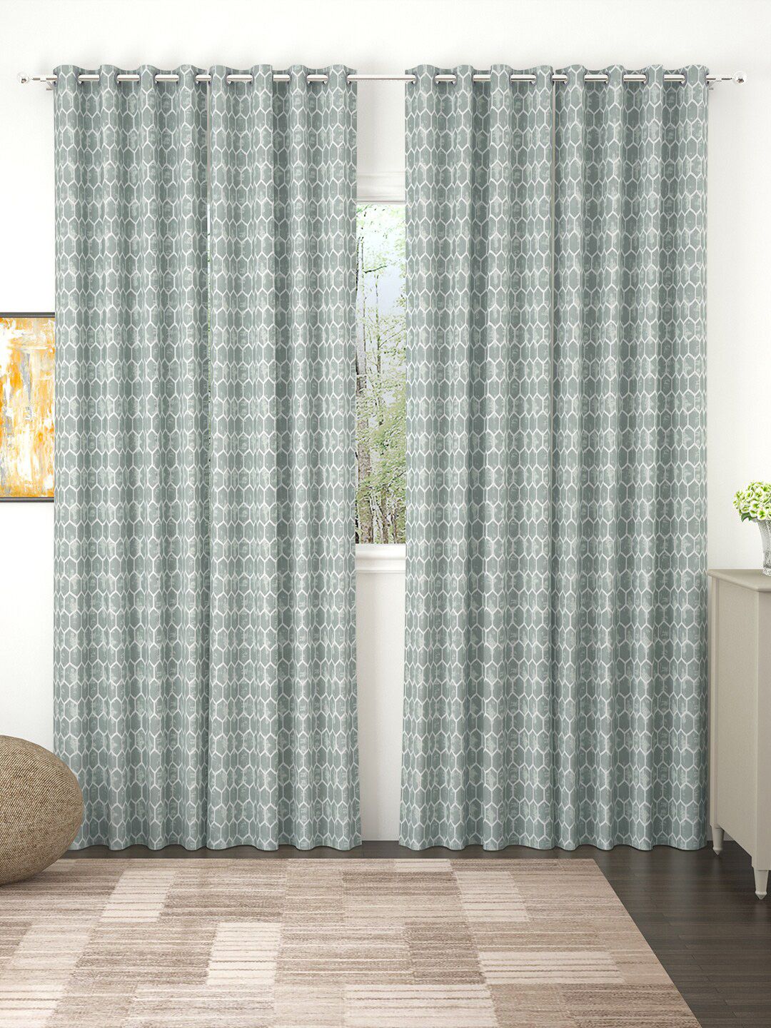 Story@home Grey Set of 4 Geometric Print Room Darkening Door Curtain Price in India