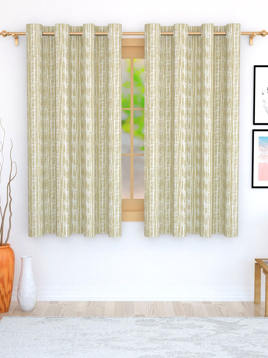 Story@home Beige Set of 2 Striped Room Darkening Window Curtain Price in India