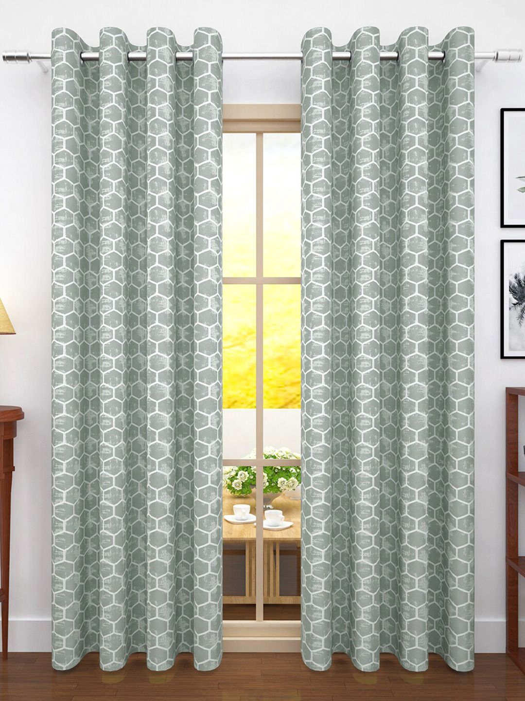 Story@home Set of 2 Grey Geometric Room Darkening Long Door Curtain Price in India