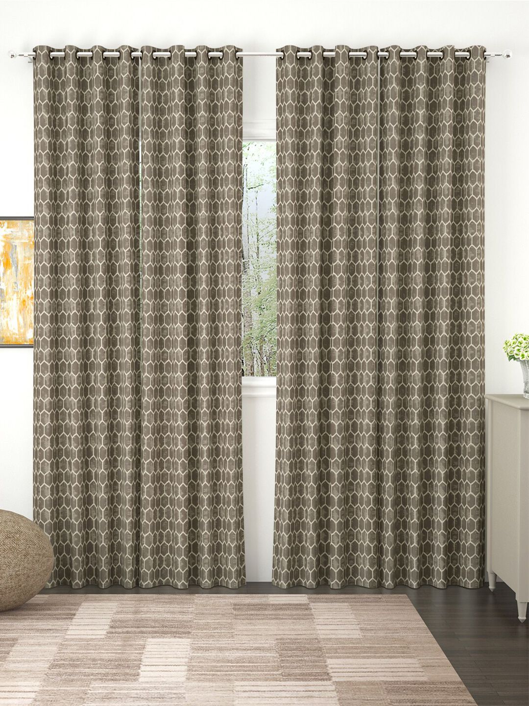 Story@home Set of 4 Brown Geometric Print Room Darkening Door Curtain Price in India