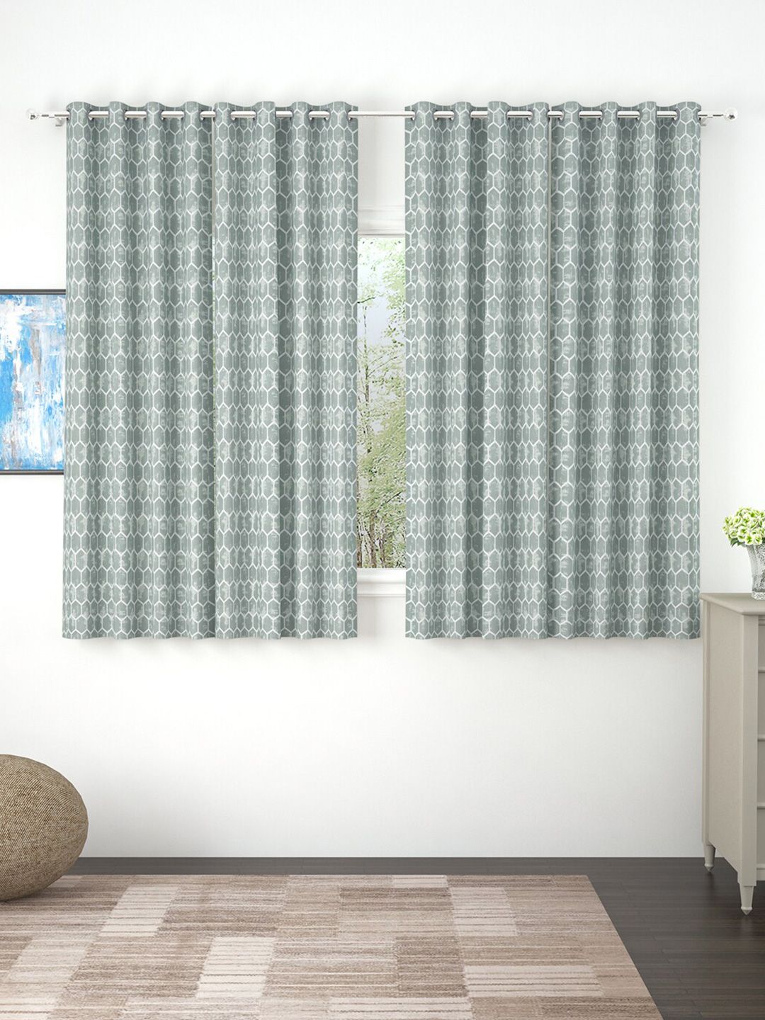 Story@home Set of 4 Grey Geometric Print Room Darkening Window Curtain Price in India