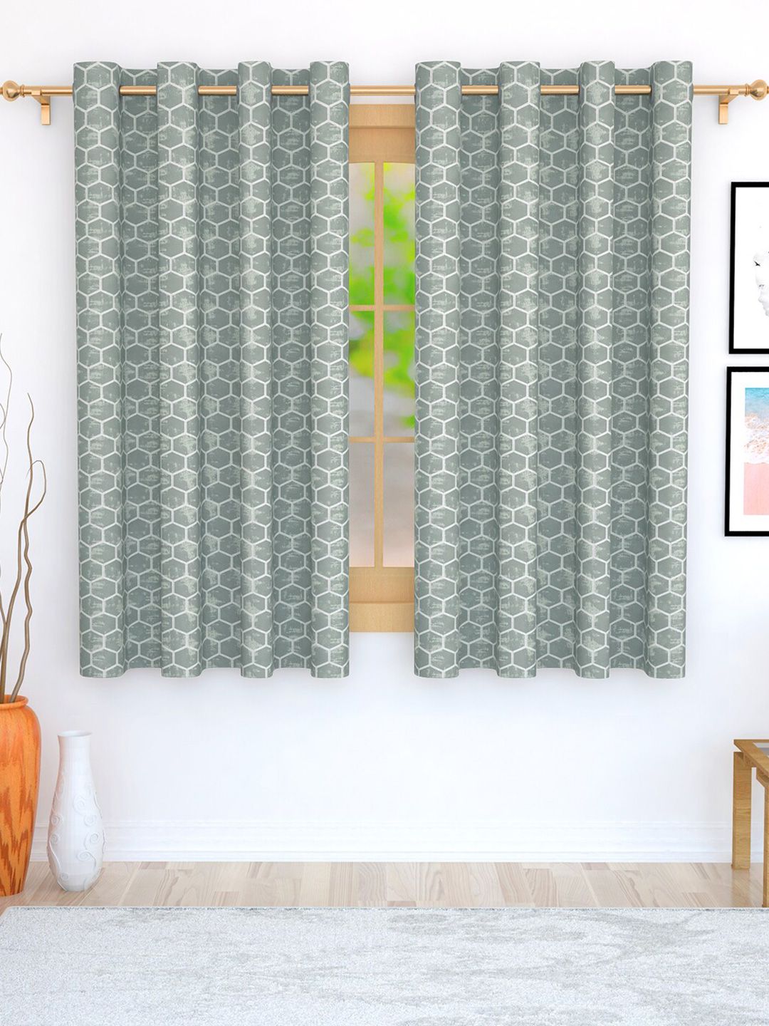 Story@home Set of 2 Grey Geometric Print Room Darkening Window Curtain Price in India