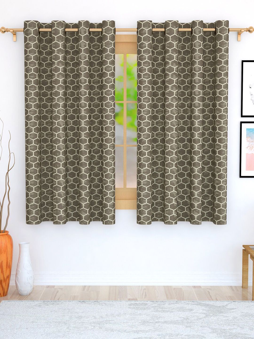 Story@home Set of 2 Brown Geometric Print Room Darkening Window Curtain Price in India