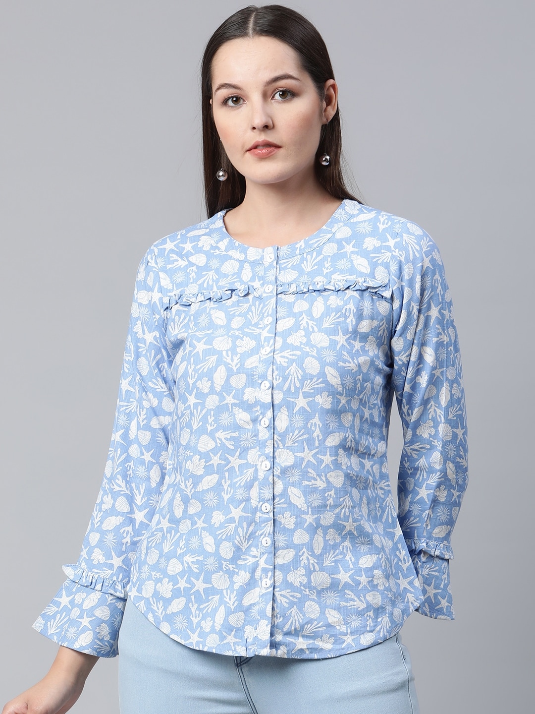 Ayaany Blue & White Print Ruffles Cotton Top Price in India