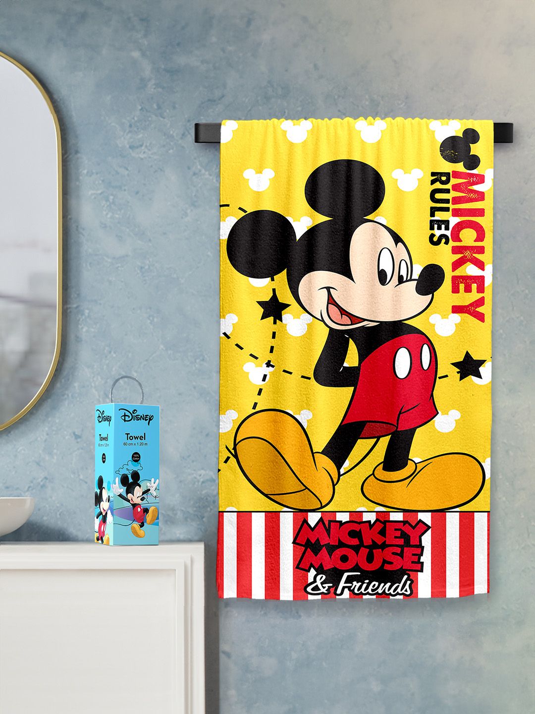 YK Unisex Kids Yellow Red Mickey Mouse Printed 380 GSM Pure Cotton Bath Towel