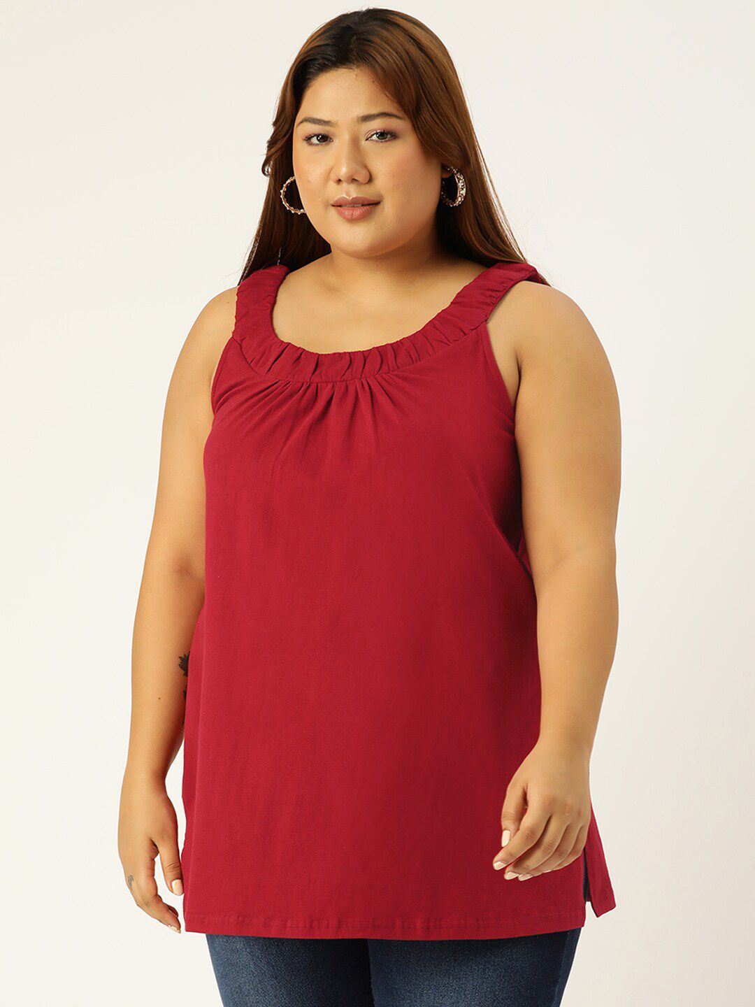 theRebelinme Plus Size Maroon Solid Longline Top Price in India