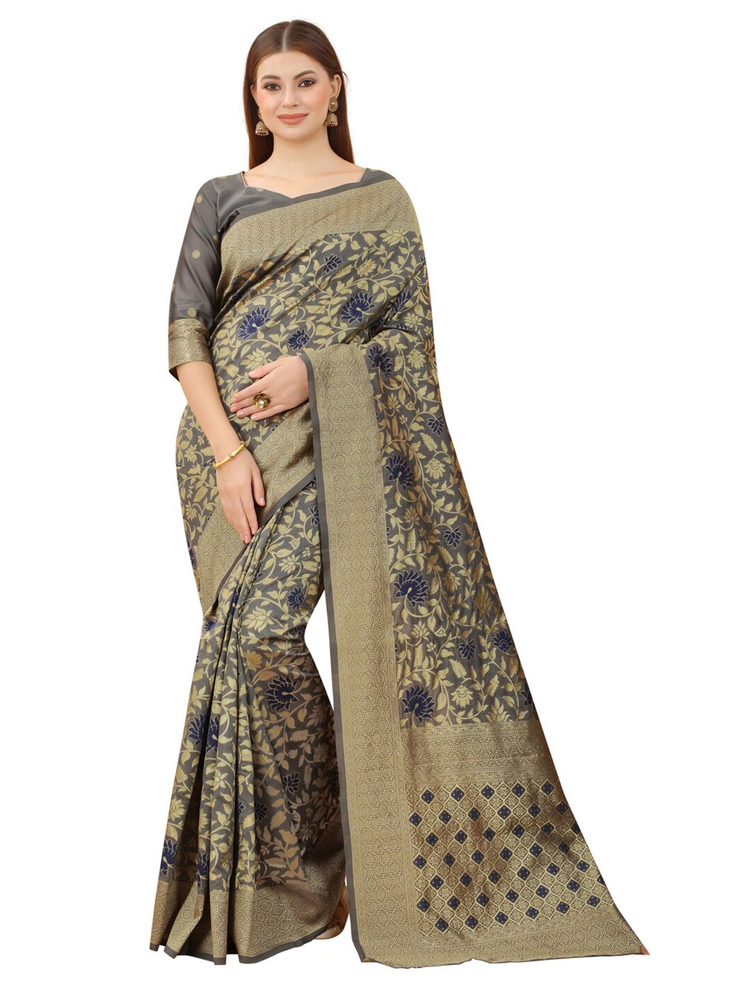 MOKSHA DESIGNS Grey & Gold-Toned Floral Zari Pure Silk Paithani Saree Price in India