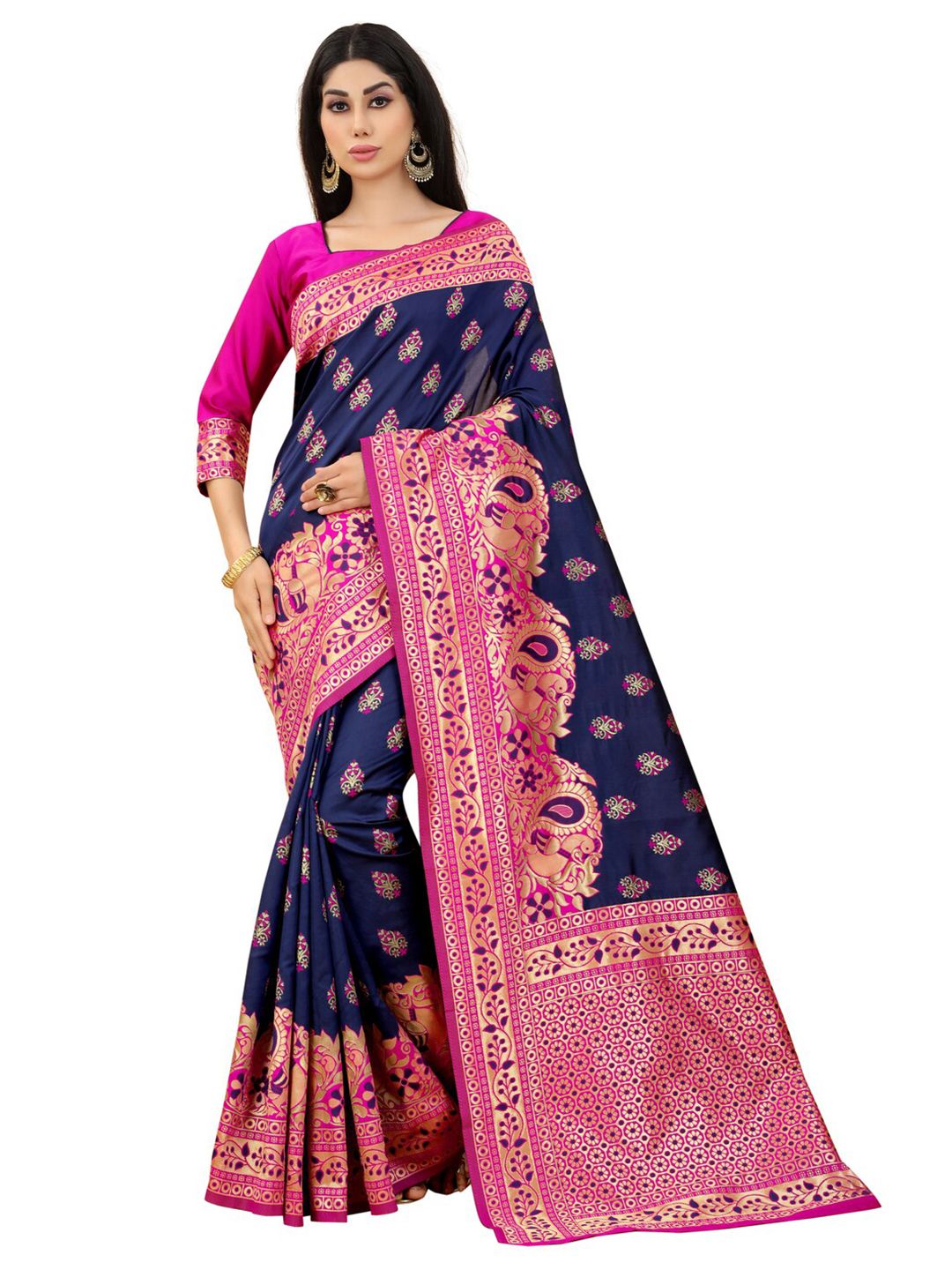 MOKSHA DESIGNS Blue & Pink Woven Design Zari Pure Silk Paithani Saree Price in India