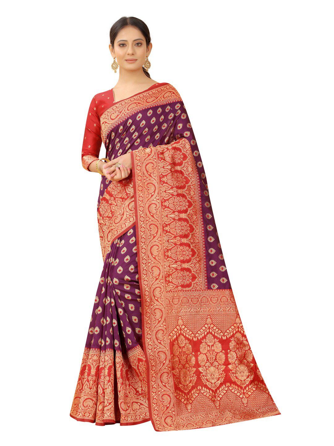 MOKSHA DESIGNS Purple & Red Woven Design Zari Pure Silk Paithani Saree Price in India