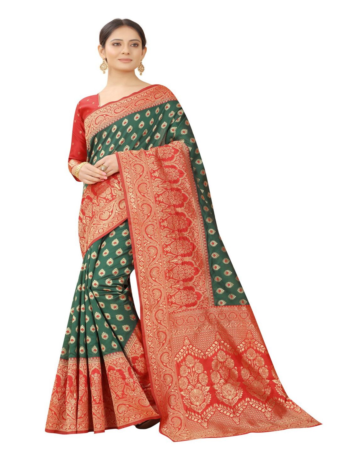 MOKSHA DESIGNS Women Green & Red Floral Zari Pure Silk Paithani Saree Price in India