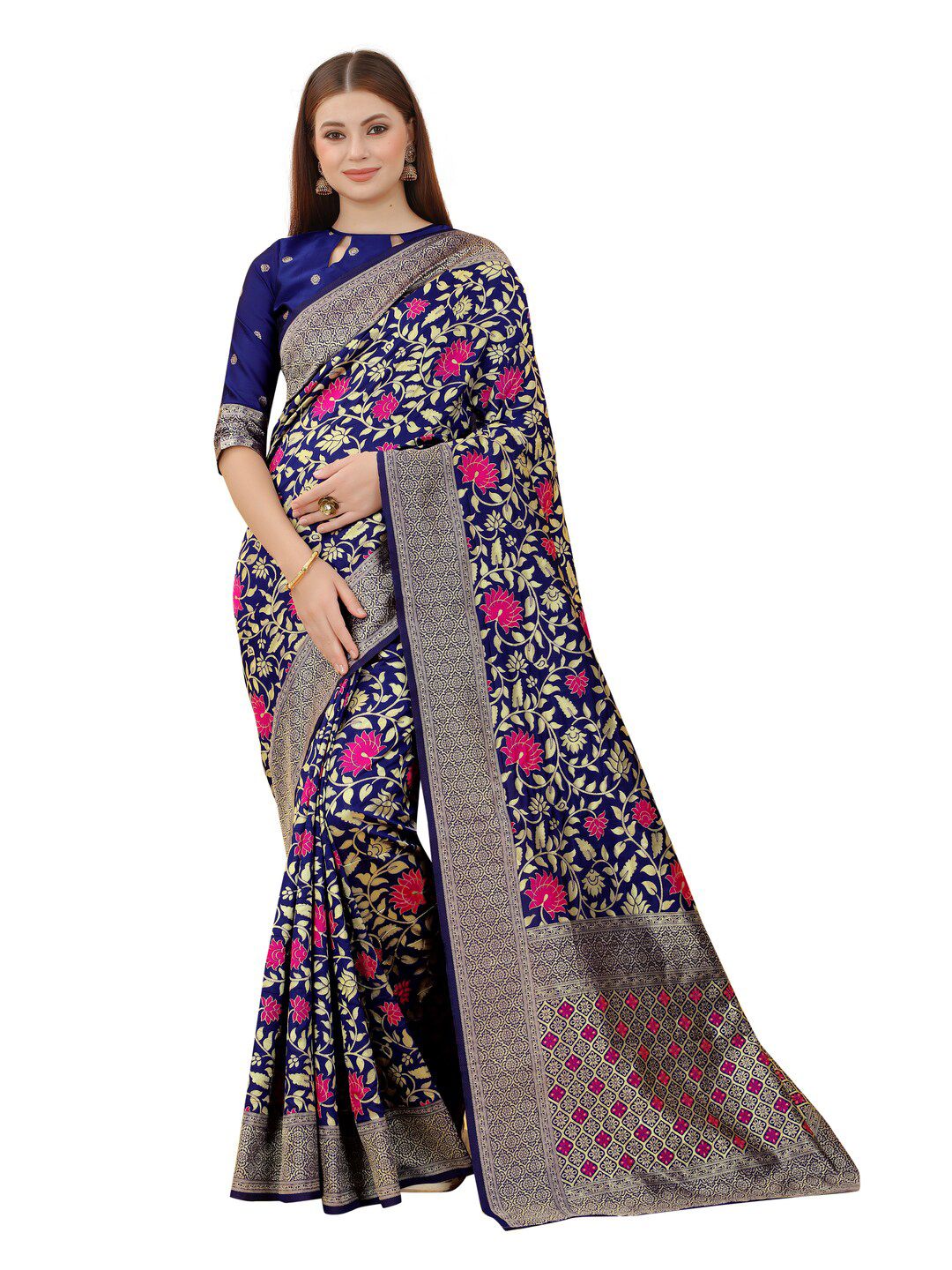 MOKSHA DESIGNS Blue & Pink Woven Design Zari Pure Silk Paithani Saree Price in India