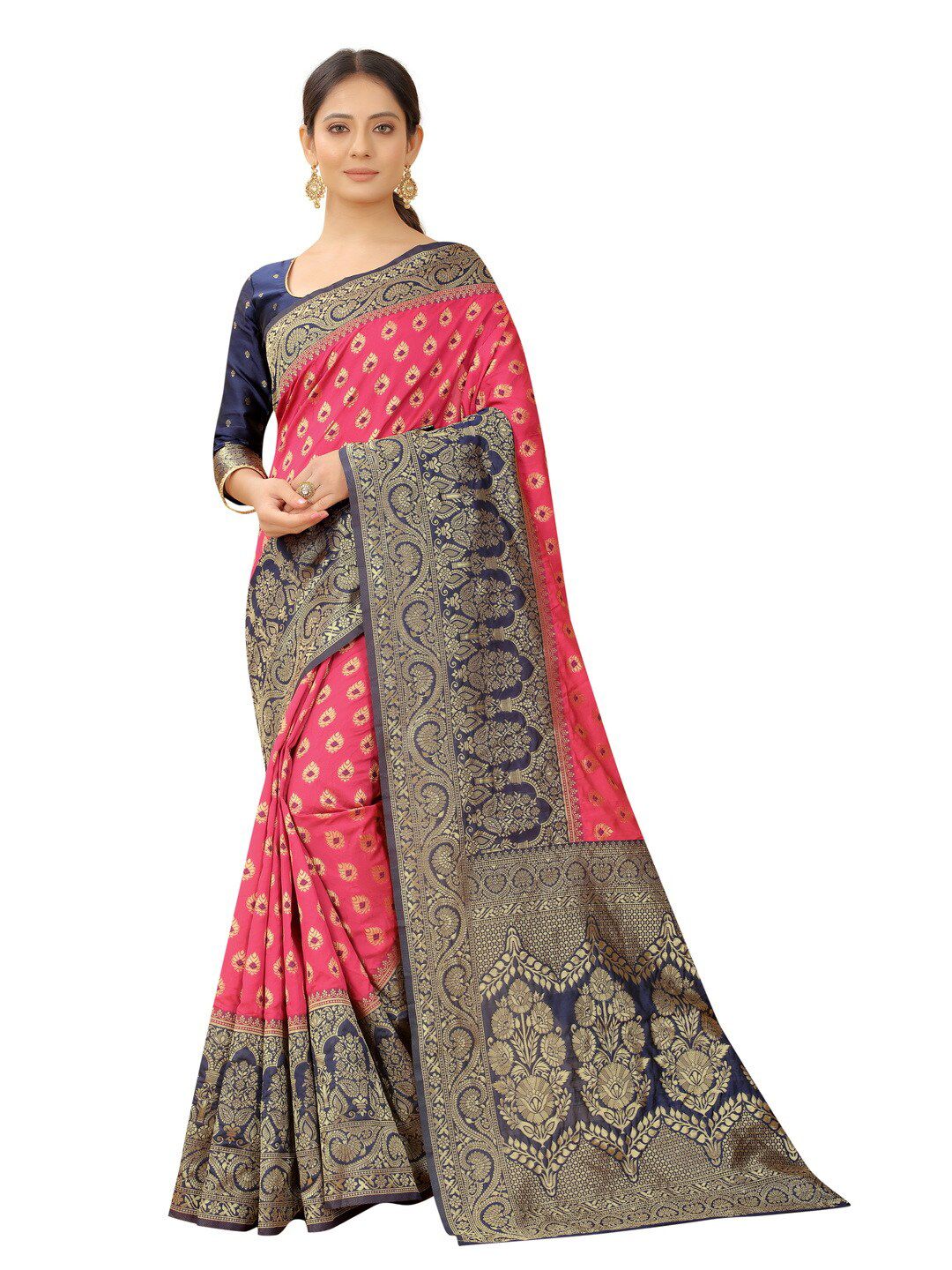 MOKSHA DESIGNS Pink & Blue Woven Design Zari Pure Silk Paithani Saree Price in India