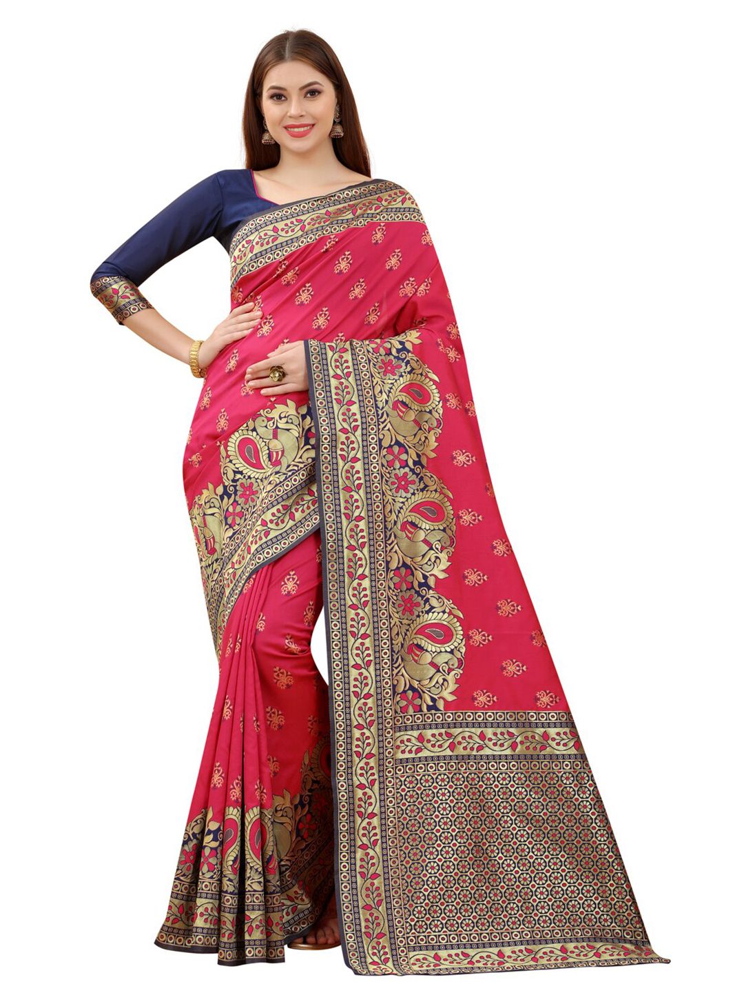 MOKSHA DESIGNS Pink & Blue Ethnic Motifs Zari Pure Silk Paithani Saree Price in India