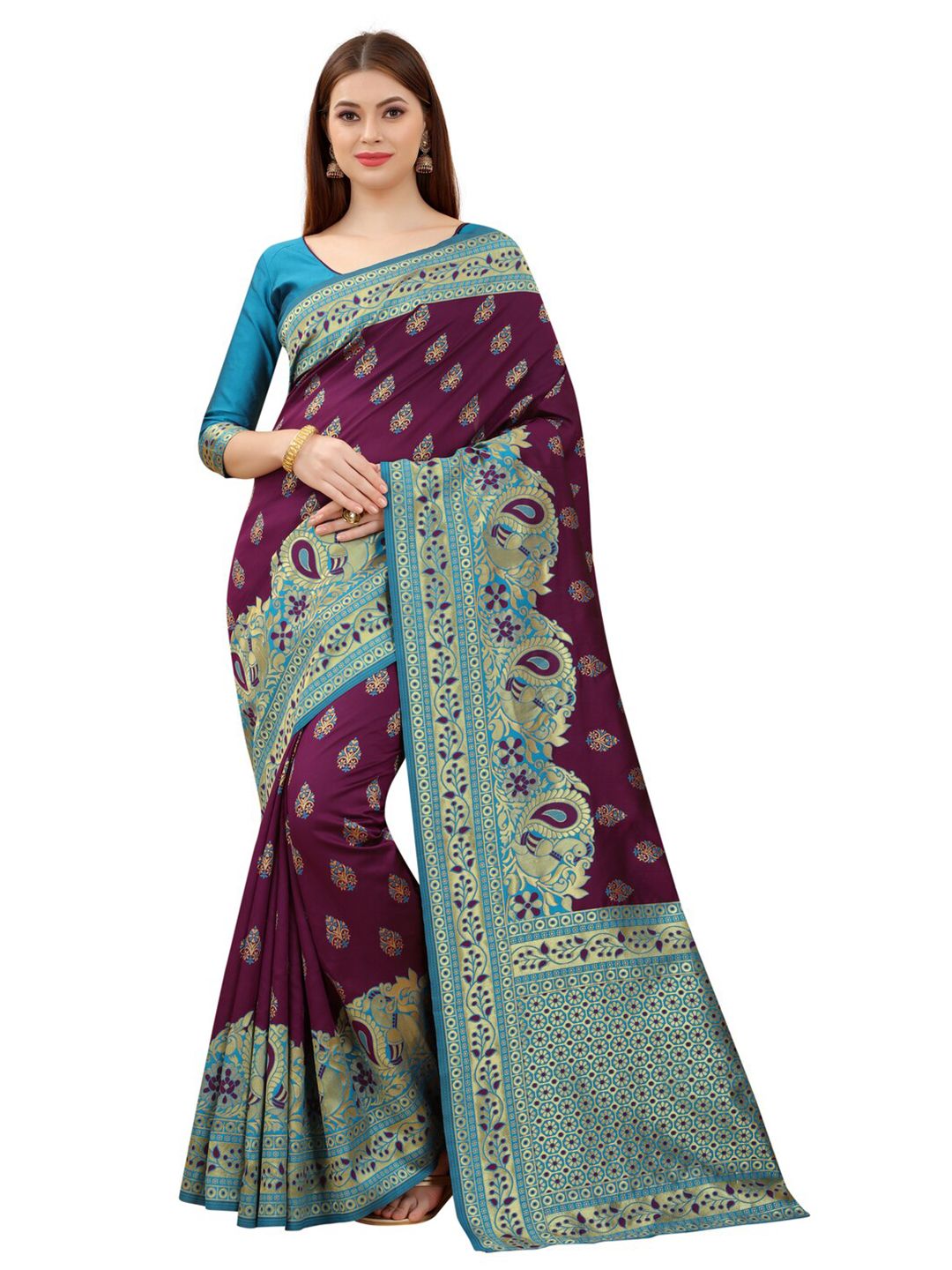 MOKSHA DESIGNS Purple & Blue Woven Design Zari Pure Silk Paithani Saree Price in India