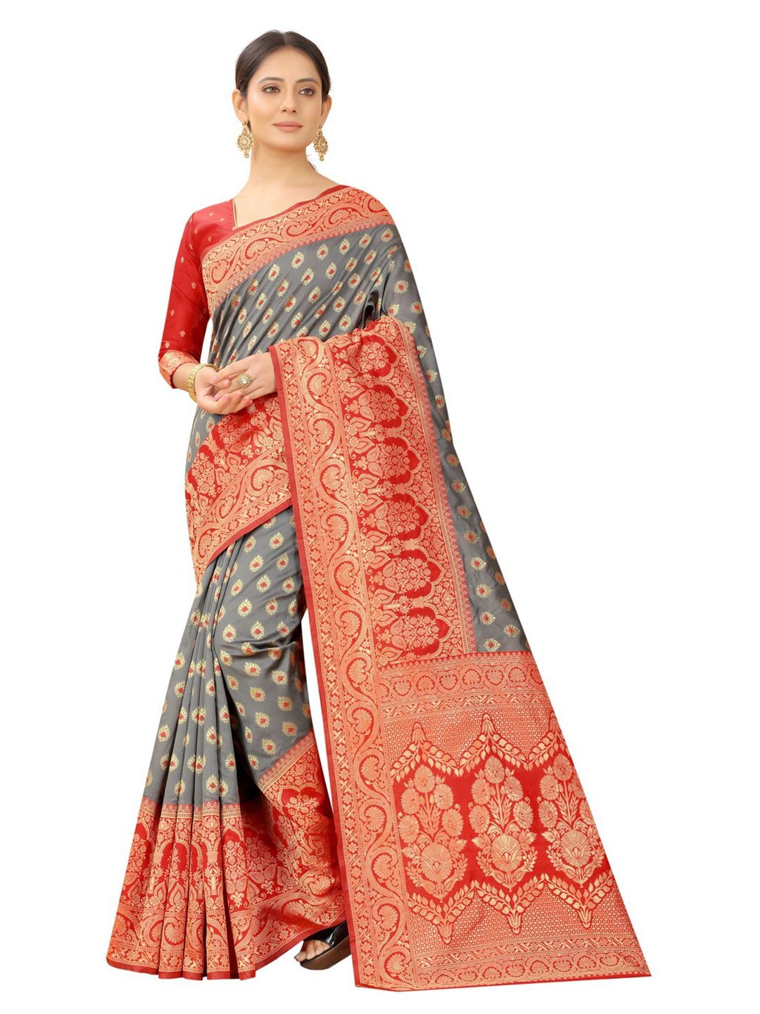 MOKSHA DESIGNS Women Grey & Red Floral Zari Pure Silk Paithani Saree Price in India